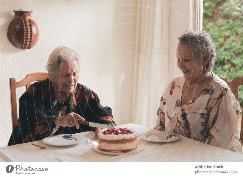 Happy elderly women with cake cut teatime meeting share friend event together dessert happy food smile delicious tasty holiday shawl gather senior positive aged
