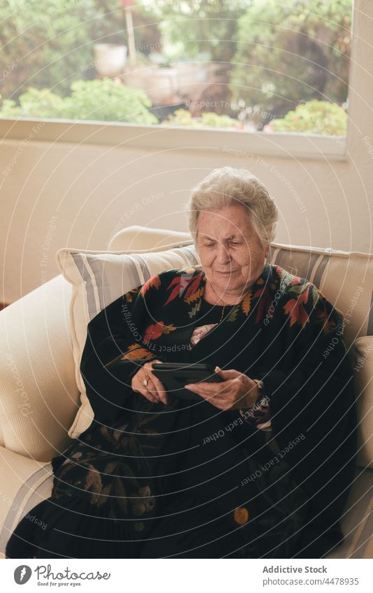 Elderly woman reading digital book e book sofa at home rest tablet weekend living room focus hobby female interesting senior aged elderly relax gadget couch