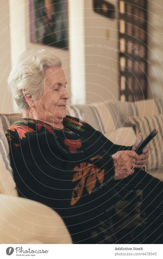 Elderly woman reading digital book e book sofa at home rest tablet weekend living room focus hobby female interesting senior aged elderly relax gadget couch