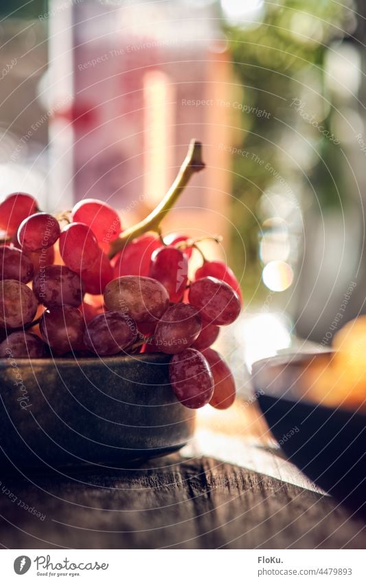 Red grapes against the light Eating Nutrition Bunch of grapes fruit Berries Delicious salubriously Fruit Back-light Table Wood shell Sun Fresh Food
