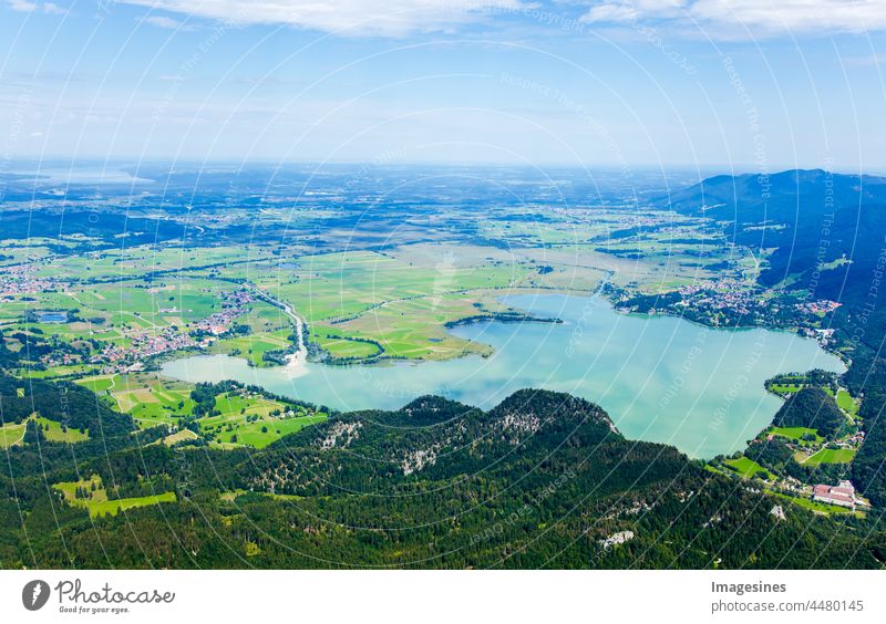Beautiful view from the Bavarian Herzogstand to Kochelsee and Kochel am See village. Bavarian Alps, Pre-Alps in Bavaria Germany Munich local mountains