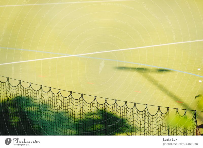 Net, shadows, lines and bright green or an empty sports field in the sunshine Shadow Green Bright sunny Light Sports Sporting grounds Playing field Ball sports