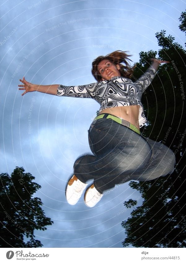 joyful leap Jump Night Clouds Tree Woman Practice Sky Blue Jeans Movement