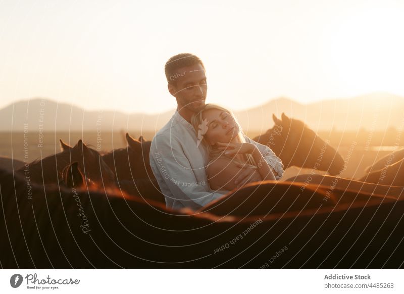 Guy hugging wife near horses on pasture couple countryside field embrace relationship affection animal together eyes closed love hill nature boyfriend idyllic