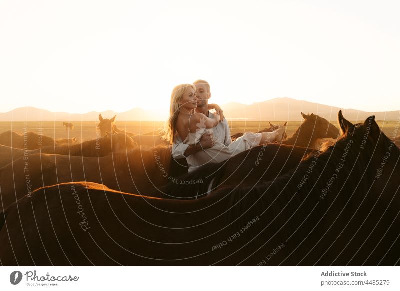 Male holding girlfriend with horses in countryside couple field relationship affection together love sunset hill animal boyfriend idyllic romance bonding nature