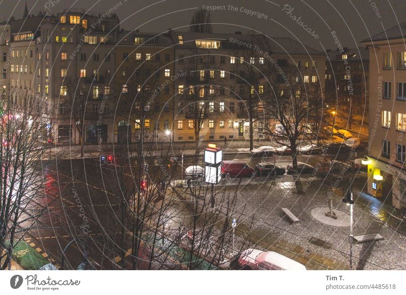 View from above of the Kastanienallee at night in winter Berlin chestnut avenue Night Winter Evening Colour photo Prenzlauer Berg Exterior shot Downtown Town