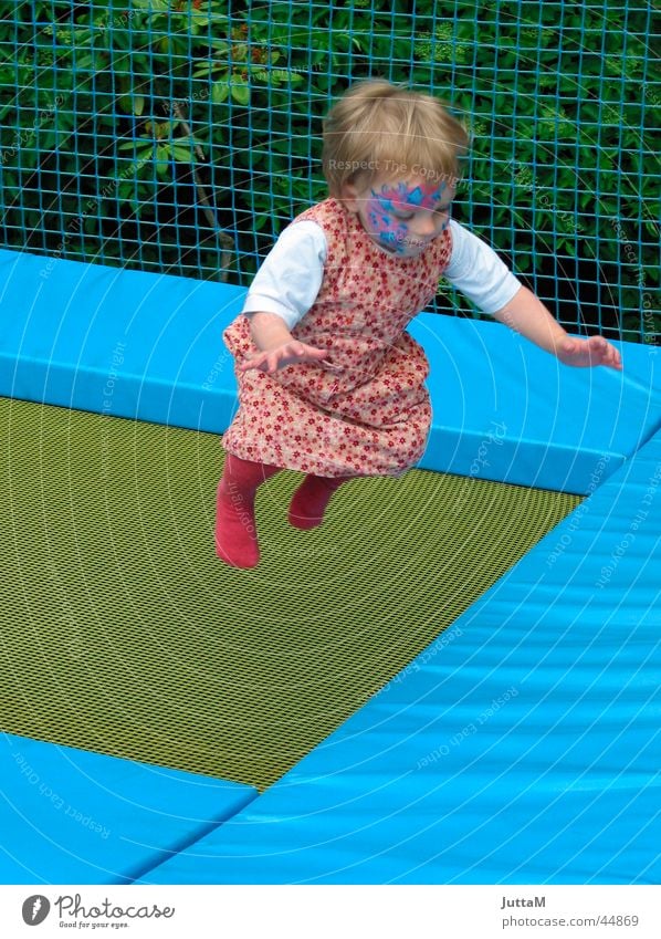 trampoline Hop Jump Trampoline Amusement Park Girl Child Dress Painting (action, work) Face Blue Movement