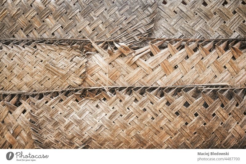 Dried palm leaf braid wall, natural background. texture pattern wallpaper handmade organic rustic dry nature detail woven close up abstract tropical backdrop