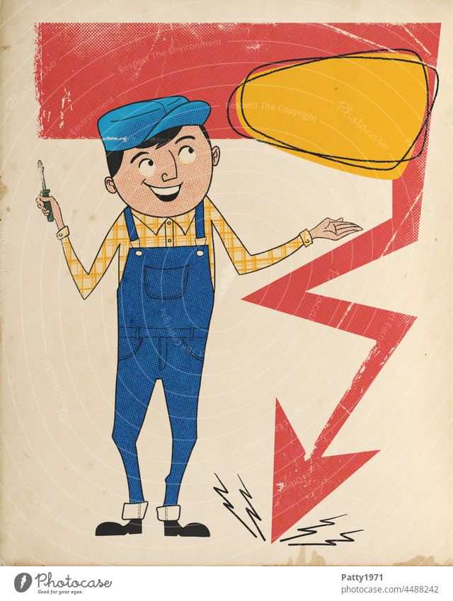 Electrician with screwdriver looks smiling at orange area with space for text. Retro illustration in the style of the 50s, 60s mid century Lifestyle Sports