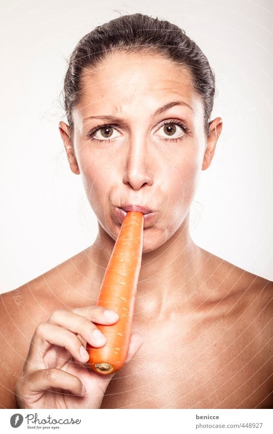 vegan Woman Carrot Healthy Eating Vegan diet Vegetarian diet Bite Human being European Studio shot Looking into the camera Portrait photograph from the front