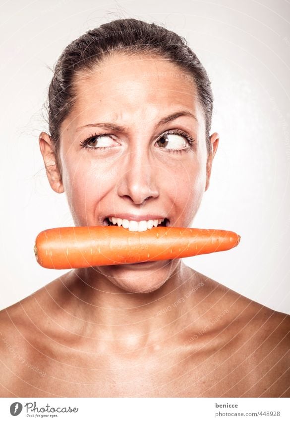 vegan Woman Carrot Mouth Grimace Face Portrait photograph Vegetarian diet Human being Looking Bright background Bite Teeth Skeptical Vegan diet Young woman
