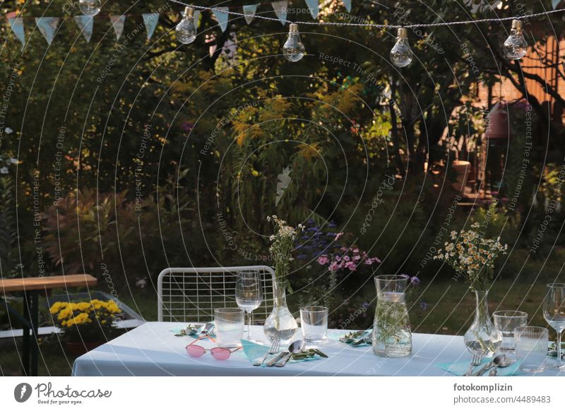 Garden table - decorated and set for summer Garden festival Firm Table Summery Idyll garden idyll Moody flowers pennant chain Paper chain decoration Decoration