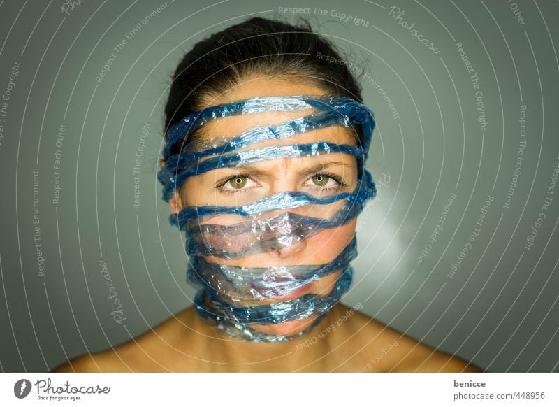 Social M Woman Human being Portrait photograph facebook social media twitter Captured Data protection Liberate Liberation String Rope Close-up Blue Network