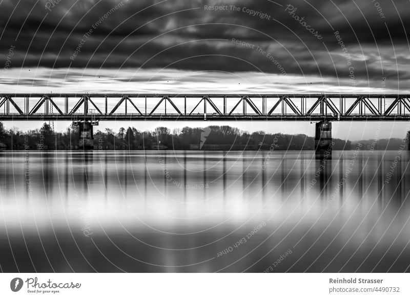 Danube bridge Mauthausen Bridge Construction Water Sky Clouds reflection Long exposure monochrome Black & white photo Geometry pretty lines background cover