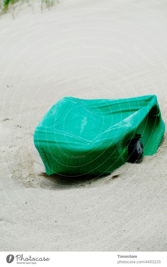 Plastic canister on Danish beach Denmark Beach Sand duene Canister Trash Environmental pollution Marram grass Vacation & Travel Exterior shot Green Empty