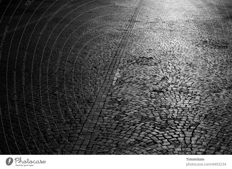 Square with cobblestones Places paving Paving stone lines Large light and dark Light Shadow Sunlight Exterior shot Deserted Dark Gray Black Black & white photo