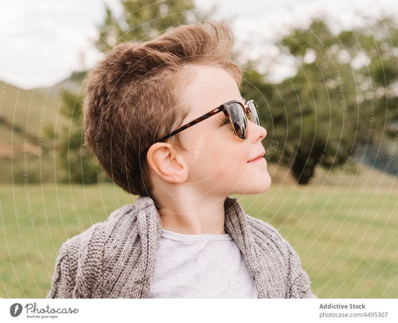 Stylish boy in sunglasses sitting in countryside kid childhood style fashion nature leisure tree field content green trendy carefree summer glad plant verdant