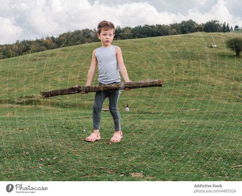 Boy with log standing on grassy meadow boy kid hill beam countryside childhood pastime leisure field rural summer recreation mountain environment greenery