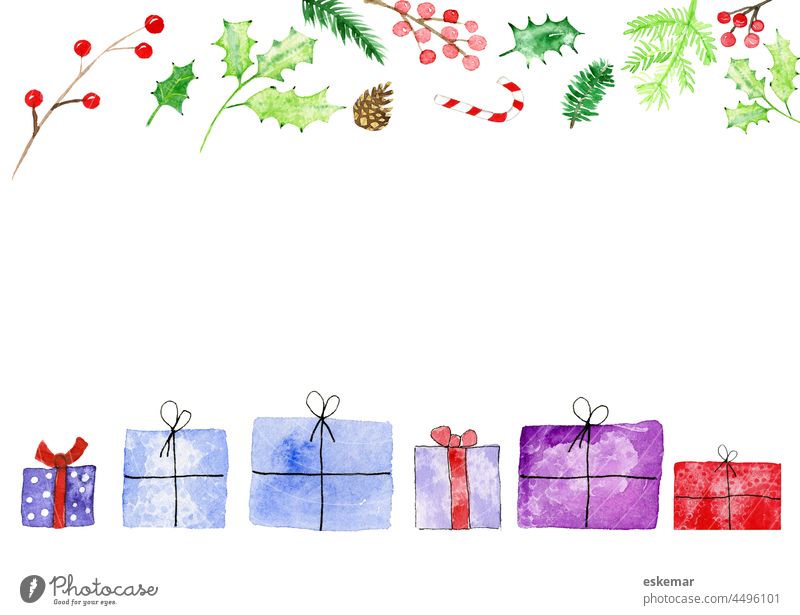 Christmas Watercolor Aqarell Copy Space Frame gifts Christmas presents fir branches Ilex Berries background White whiter white background exempt Isolated Image