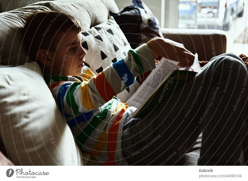 Child boy reading book on the sofa at home relax study education lifestyle literature rest child school schoolboy indoors learn interesting room kid family