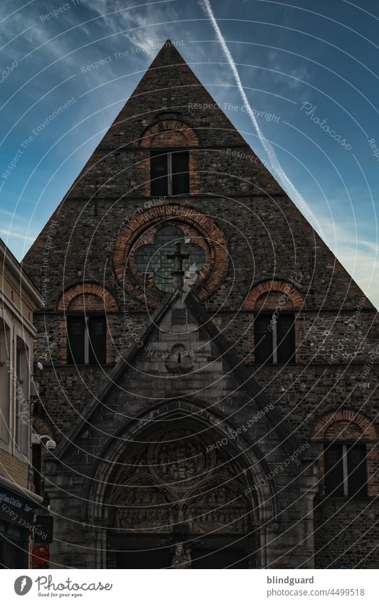 The Dark Side Of The Church house of God Historic Old Natural stone Arch Window Facade Threat black mass brick Sky cloud Clouds Vapor trail Dull unsaturated