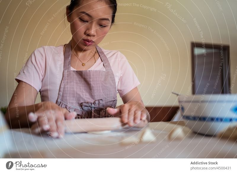 Housewife kneading dough in kitchen woman asian chinese dumpling prepare food homemade rolling pin cook culinary cuisine recipe female apron flour meal table