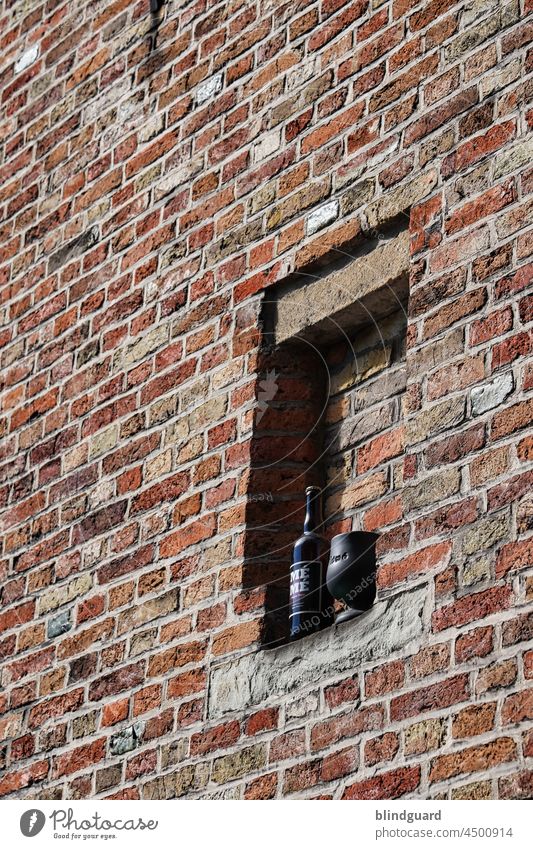 If the bricklayer forgets his beer in between ... Bottle of beer Beer mug Wall (barrier) Old Window Facade Alcoholic drinks Beverage Glass stoneware Deserted