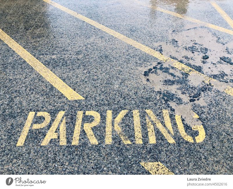 You can park your car here Parking Parking lot Asphalt Street Line Traffic infrastructure Signs and labeling Concrete Transport Road traffic Street sign Signage