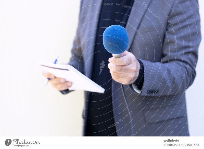 Journalist with microphone during a media interview Interview news Media Microphone Emanation Reporter Journalism Press Television Information Investigations
