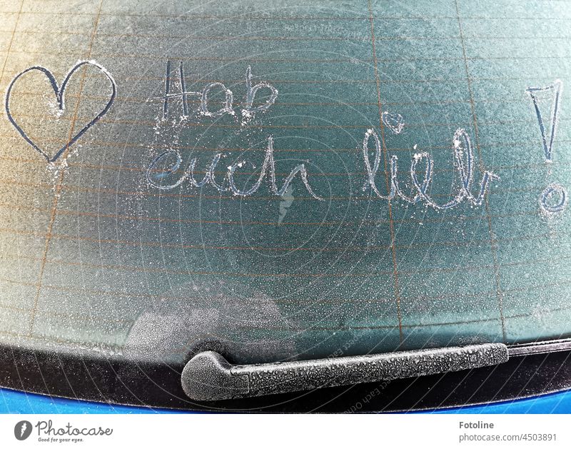 A little greeting on a frozen rear window. "Love you!" Characters Typography Letters (alphabet) Word Text Sign writing Deserted Rear Window Frost chill Cold