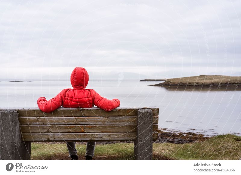Anonymous female sitting on bench and admiring ocean in cloudy day woman scenery shore outerwear nature admire water coast iceland warm clothes enjoy harmony