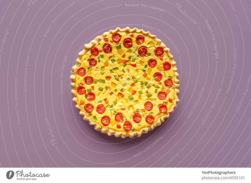 Vegetable quiche top view isolated on a purple background. above baked bakery brunch cake cheese color crust cuisine cut out dairy delicious dinner dish egg