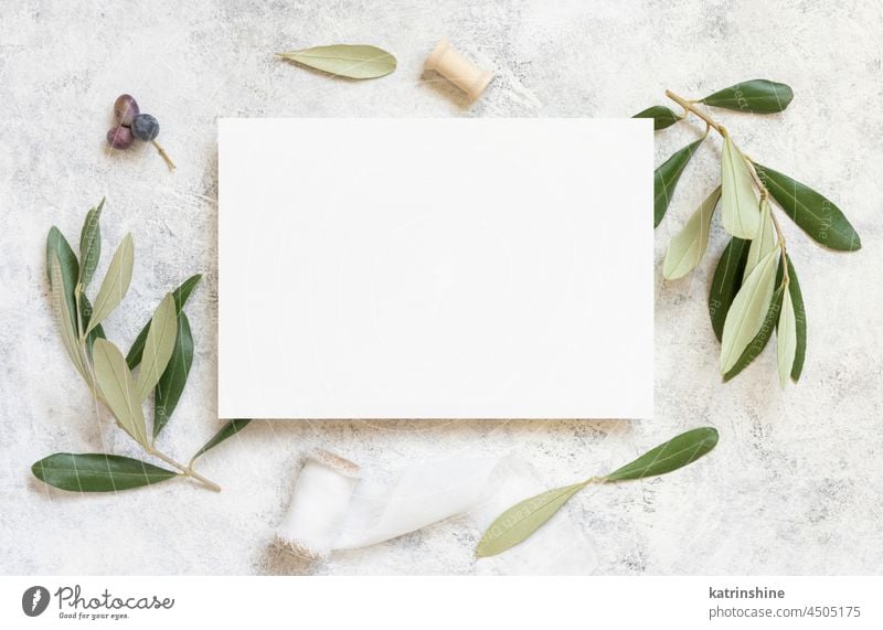 Blank card on marble table with olive tree branches Wedding mockup invitation Mediterranean rustic top view white blank vintage twig green leaves romantic