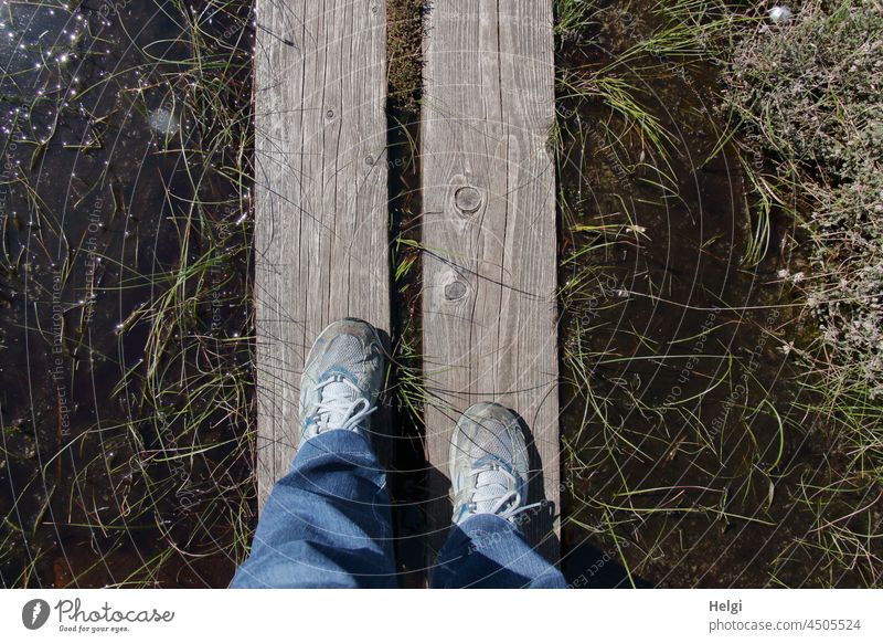 a narrow path - feet of the photographer on a wooden footbridge in the moor, water and moor plants at the sides Woodway Wooden rack Bog Moorweg Footwear Pants
