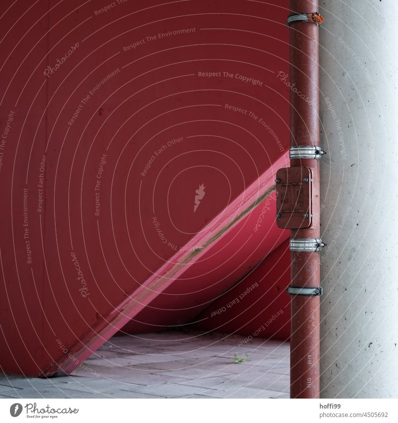 red downpipe with exposed concrete Red Downspout exposed concrete wall Abstract Minimalistic Facade Gray Line Wall (barrier) Gloomy Modern Manmade structures