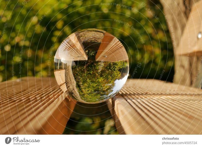 Lensball on wooden bench; life is upside down Glass Bench Wood Forest clearing Break Nature Psychology Life vivacious Consciousness Soul Motive Energy Force