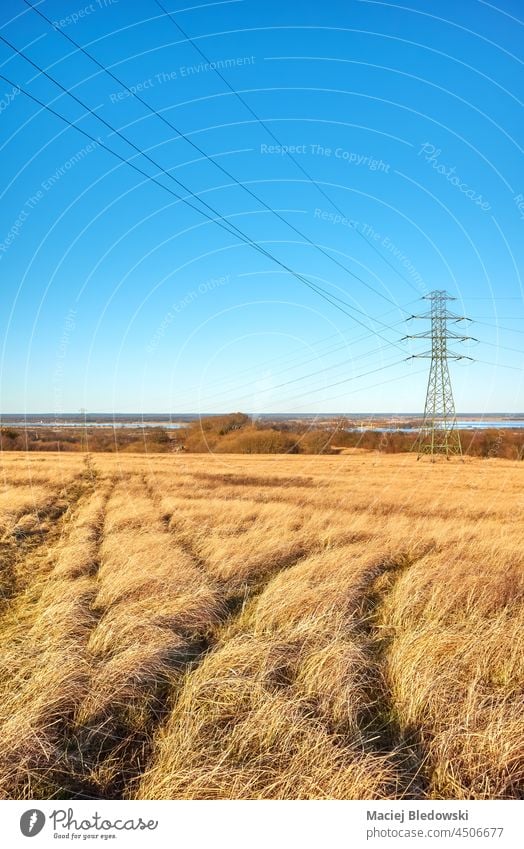 Rural landscape with high voltage transmission tower on a field. industry sky power electricity line nature pylon environment energy cable technology