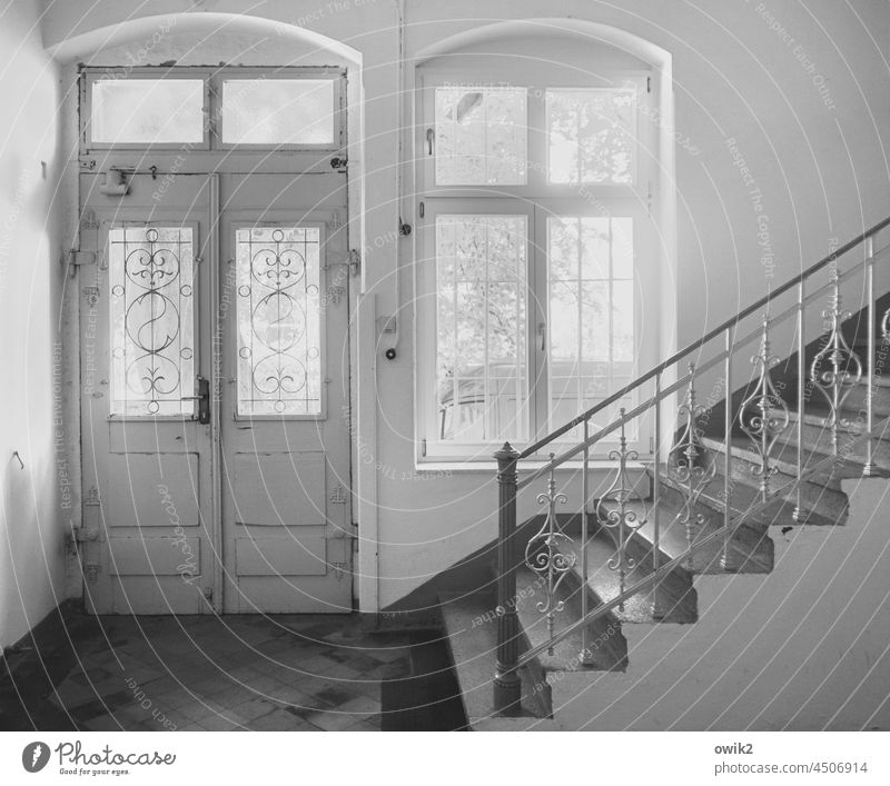 Starting point Staircase (Hallway) Stairs Banister Window Wall (building) Black & white photo Interior shot Sunlight Deserted Long shot Living or residing Go up