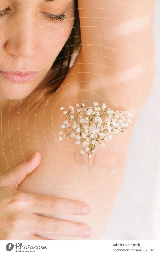 Woman with gypsophila flower on patch on armpit woman concept natural smooth skin care bloom sensitive female intimate shaved delicate fresh dermatology gentle