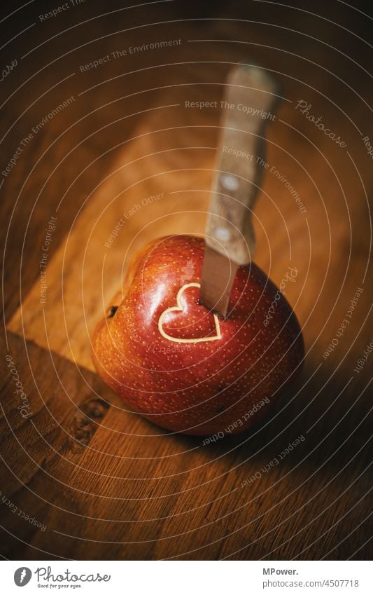 stab in the heart Heart Heart-shaped Apple Knives Knife wound Table fruit heartache Lovesickness Divide relation Emotions Disappointment Relationship Pain Grief