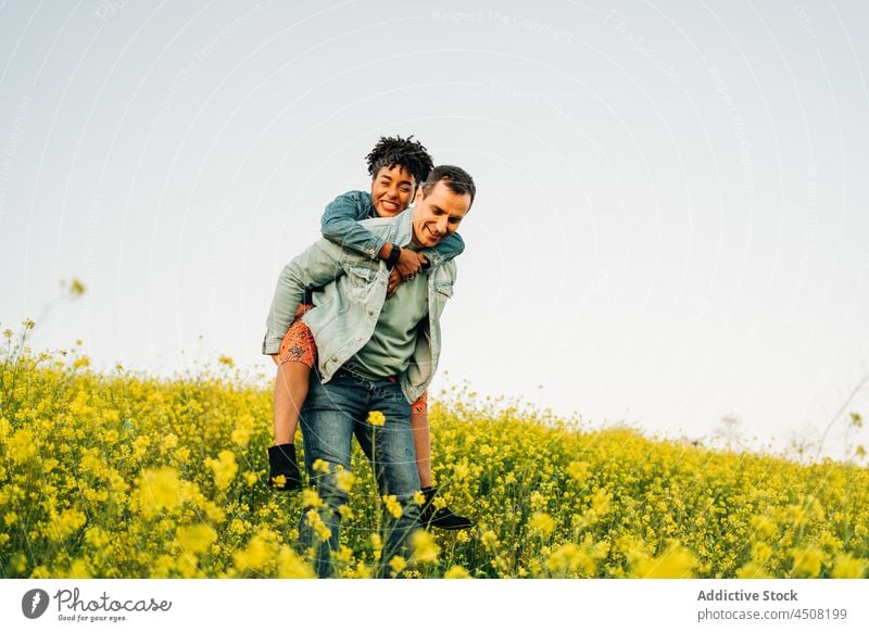 Loving man giving piggyback ride to ethnic girlfriend in nature couple smile cuddle love romantic relationship together meadow countryside field happy affection