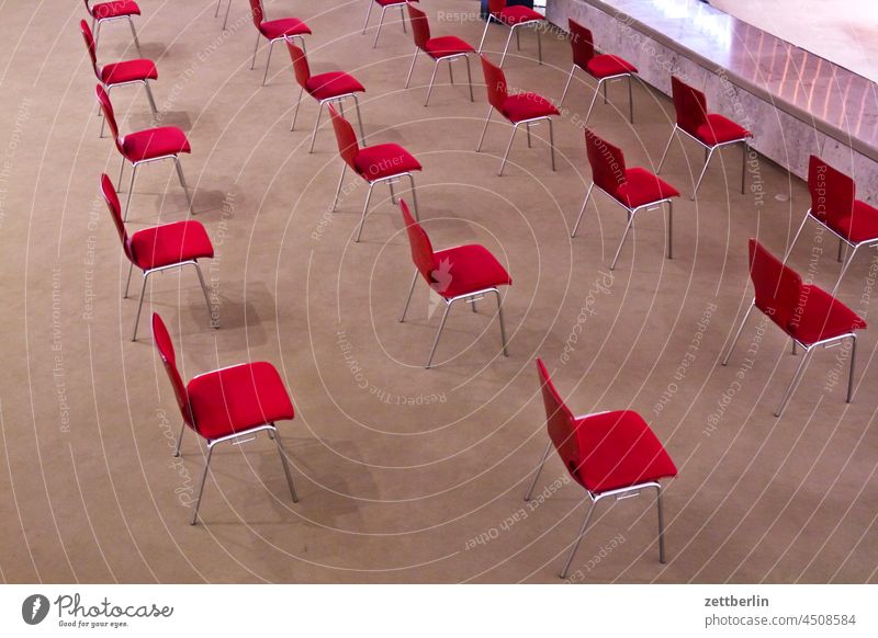 chairs Chair Seat Seating Row chair circle Assembly meeting Stand Room room stacking chair Meeting Hall meeting room Empty Deserted Free gap corona Caution