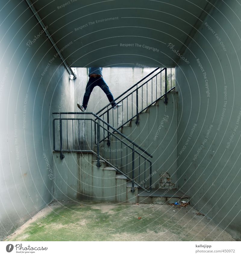abbreviation Human being Masculine Man Adults Fear Stairs Hang Climbing Shaft Parkour To hold on Pull-up Colour photo Subdued colour Exterior shot Light Shadow
