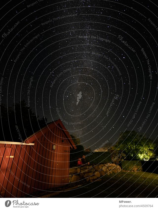 stargazer Starry sky Milky way Father Child at night Night sky Starlit Universe Infinity Long exposure Astronomy Vantage point see Hut Galaxy Constellation