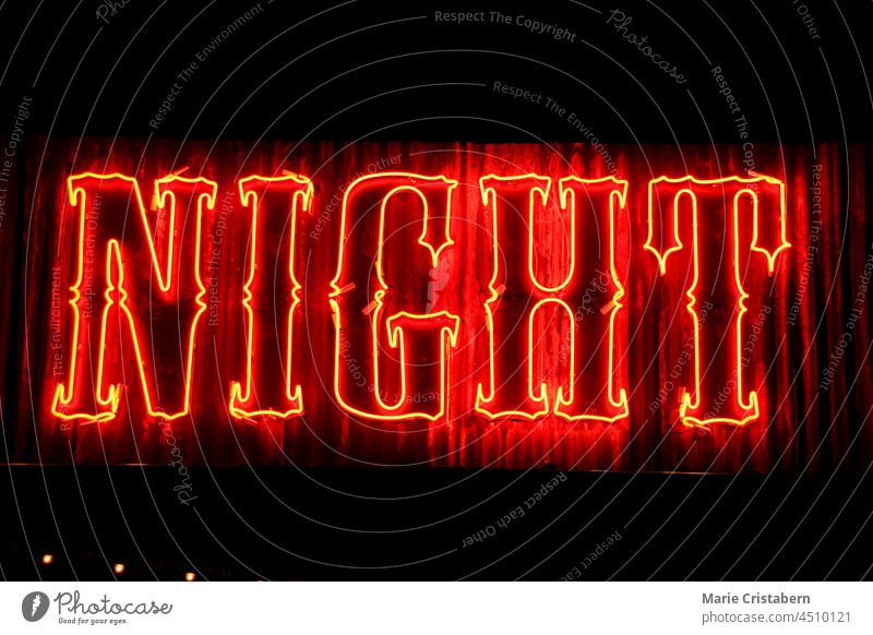 Neon Light spelled NIGHT text decoration sign design no people illuminated night dark glowing futuristic bright red abstract effect retro night life backdrop