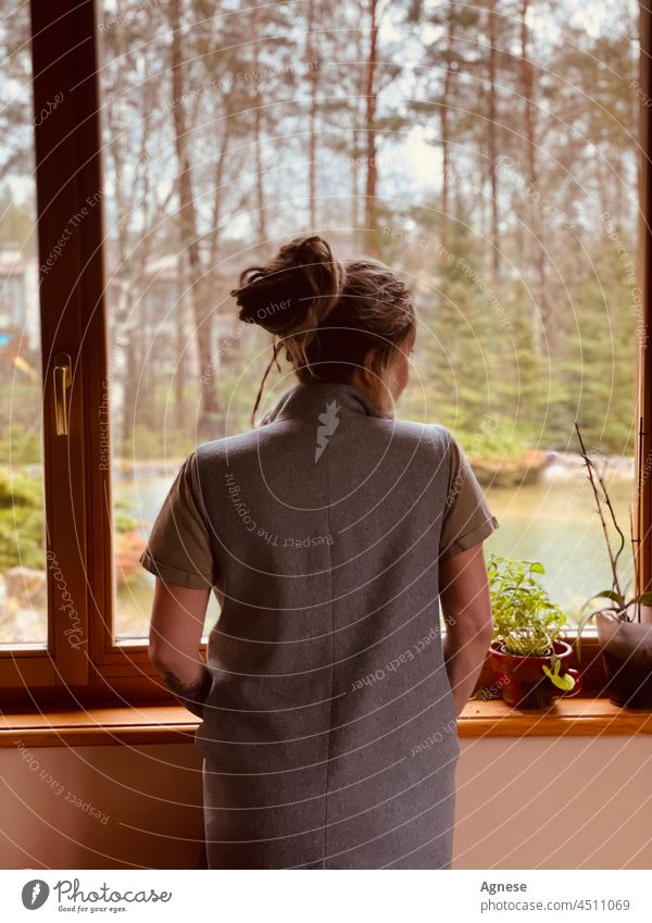Young woman at the window Window sight Nature Green Greens Lake Woman Girl Windowsill Loneliness lonley thoughtful thoughts Spring alone