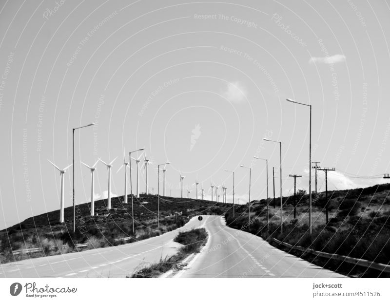 from Lepouron to Karystou 345 00 Distos Landscape Deserted Traffic infrastructure Black & white photo Wind energy plant Renewable energy Sky Hill Euboea Greece