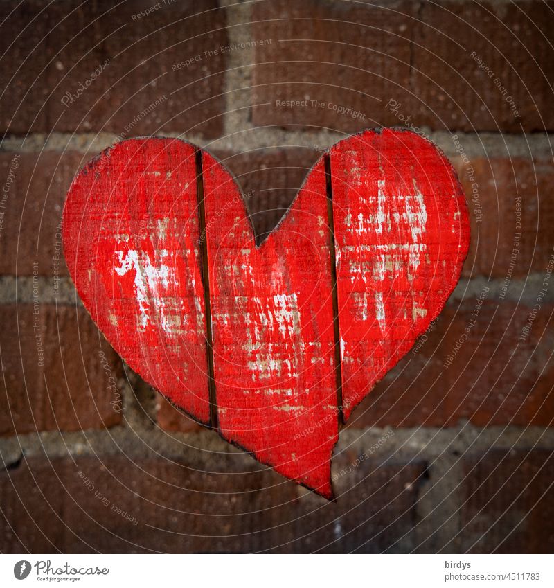 red heart made of wood in front of a brick wall Heart Red Love Infatuation symbol Positive full-frame image Display of affection With love Heart-shaped Wood