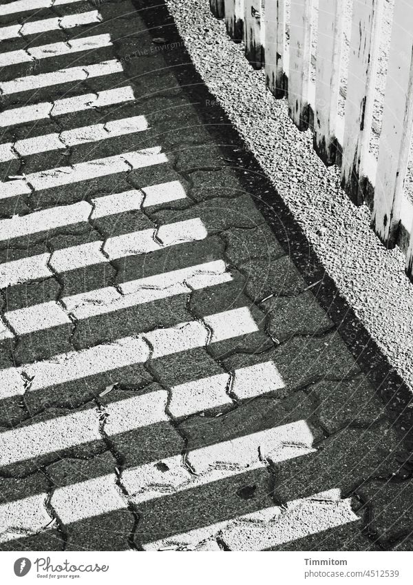 An aged picket fence and its shadow Fence Wood lattice fence Old Weathered Shadow Lanes & trails Paving stone lines Black & white photo White Gray Deserted