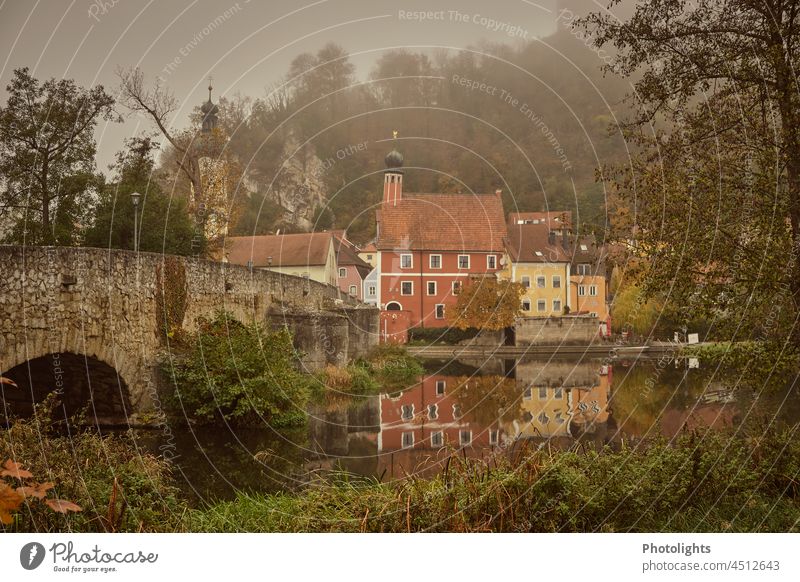 Kallmünz in Bavaria in foggy mood. House reflection in the Naab. bank cloudy River Water Village Town Oberpfalz Markets Naabtal Nature Reflection River bank Fog